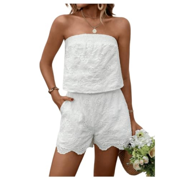 BEAUDRM Women's 2 Piece Outfits Eyelet Embroidery Strapless Sleeveless Bandeau Crop Top Tube and Shorts Sets Summer Suit White Small