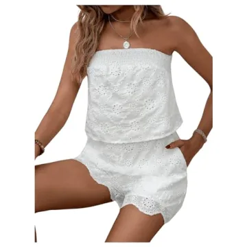 BEAUDRM Women's 2 Piece Outfits Eyelet Embroidery Strapless Sleeveless Bandeau Crop Top Tube and Shorts Sets Summer Suit White Small