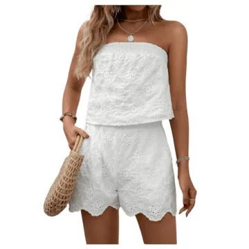 BEAUDRM Women's 2 Piece Outfits Eyelet Embroidery Strapless Sleeveless Bandeau Crop Top Tube and Shorts Sets Summer Suit White Small