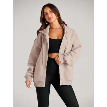 EFAN Women Zip Up Hoodies Oversized Sweatshirt Jacket 2024 Fall Fleece Cute Pullover Hooded Tops Teen Girls Casual Loose Fit Y2k Trendy Fashion Gym Clothes Outfits Khaki S