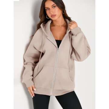 EFAN Women Zip Up Hoodies Oversized Sweatshirt Jacket 2024 Fall Fleece Cute Pullover Hooded Tops Teen Girls Casual Loose Fit Y2k Trendy Fashion Gym Clothes Outfits Khaki S