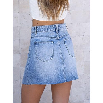 imesrun Womens Mini Denim Skirts Causal High Waisted Cute Asymmetrical Hem Summer Short Jean Skirts with Pockets Light Blue