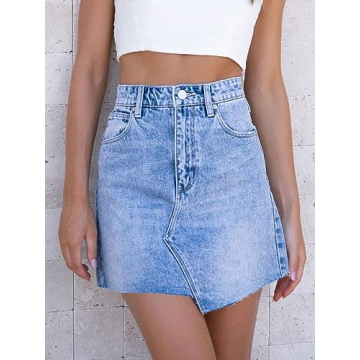 imesrun Womens Mini Denim Skirts Causal High Waisted Cute Asymmetrical Hem Summer Short Jean Skirts with Pockets Light Blue