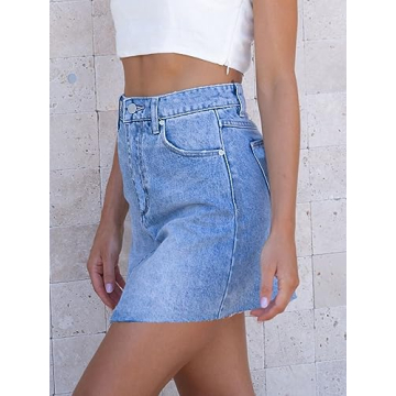 imesrun Womens Mini Denim Skirts Causal High Waisted Cute Asymmetrical Hem Summer Short Jean Skirts with Pockets Light Blue
