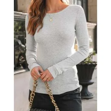 AUTOMET Long Sleeve Shirts for Women Ribbed Knit Fall Tops Casual Basic Fitted T Tshirts Tight Underscrub Slim Cotton 2024 Trendy Teen Outfits Fashion Cute Clothes Going Out Undershirt Heather Grey S