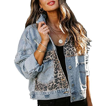 RINTONIX Women's Button Down Distressed Leopard Denim Jacket with Long Sleeves