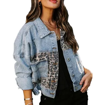 Shop RINTONIX Distressed Leopard Denim Jacket for Women
