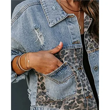 Shop RINTONIX Distressed Leopard Denim Jacket for Women
