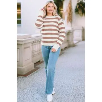 Dokotoo Women's Trendy Striped Crew Neck Sweater