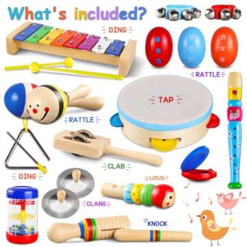 LOOIKOOS Toddler Musical Instruments Set Wooden Percussion Instruments Xylophone Toy for Kids Montes...
