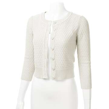 Women's Button Down 3/4 Sleeve Crew Neck Cotton Knit Cropped Cardigan Sweater Ivory XL