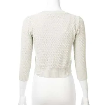 Women's Button Down 3/4 Sleeve Crew Neck Cotton Knit Cropped Cardigan Sweater Ivory XL