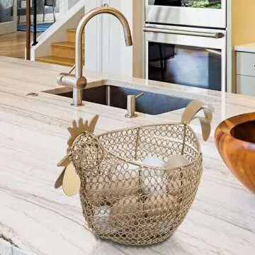 MyGift Vintage Brass Tone Metal Wire Fresh Egg Gathering Basket in Decorative Chicken Shaped Design, Farmhouse Easter Decor Egg Display Storage Basket for Counter