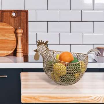 MyGift Vintage Brass Tone Metal Wire Fresh Egg Gathering Basket in Decorative Chicken Shaped Design, Farmhouse Easter Decor Egg Display Storage Basket for Counter