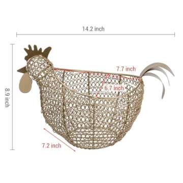 MyGift Vintage Brass Tone Metal Wire Fresh Egg Gathering Basket in Decorative Chicken Shaped Design, Farmhouse Easter Decor Egg Display Storage Basket for Counter