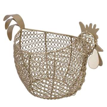 MyGift Vintage Brass Tone Metal Wire Fresh Egg Gathering Basket in Decorative Chicken Shaped Design, Farmhouse Easter Decor Egg Display Storage Basket for Counter