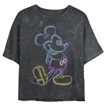 Disney Characters Neon Mickey Women's Mineral Wash Short Sleeve Crop Tee, Black, Medium