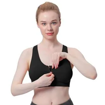 Women's Zip Front Sports Bra Wireless Post-Surgery Bra Surgical Racerback Workout Active Yoga Sports...