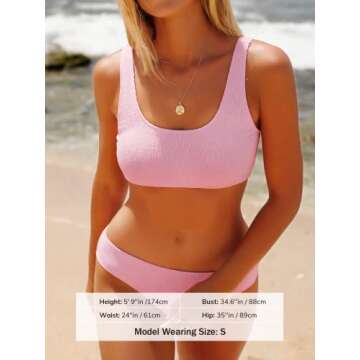 CUPSHE Bikini Set for Women Two Piece Swimsuits Tank Top Scoop Neck Mid Rise Wide Straps Textured, M Blush Pink