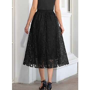 SuperPrity Midi Skirts for Women Elegant A Line Cocktail Evening Weddings Formal Skirts Elastic Waist Two Layered Lace Flared Long Skirts Ankle Length-M,Black