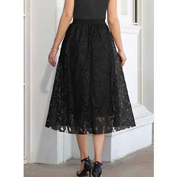 SuperPrity Midi Skirts for Women Elegant A Line Cocktail Evening Weddings Formal Skirts Elastic Waist Two Layered Lace Flared Long Skirts Ankle Length-M,Black