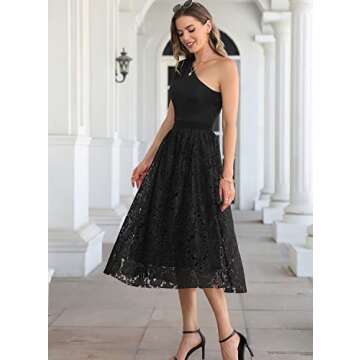 SuperPrity Midi Skirts for Women Elegant A Line Cocktail Evening Weddings Formal Skirts Elastic Waist Two Layered Lace Flared Long Skirts Ankle Length-M,Black