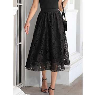 SuperPrity Midi Skirts for Women Elegant A Line Cocktail Evening Weddings Formal Skirts Elastic Waist Two Layered Lace Flared Long Skirts Ankle Length-M,Black