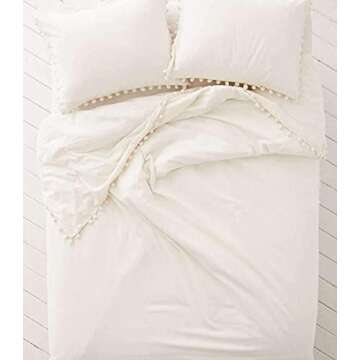 White Pom Pom Boho Duvet Cover 100% Cotton Bedding Fringed Cotton Cover Full Queen, 86“x90”