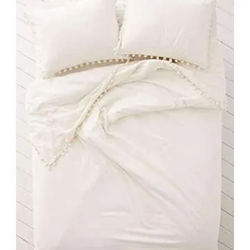 White Pom Pom Boho Duvet Cover 100% Cotton Bedding Fringed Cotton Cover Full Queen, 86“x90”