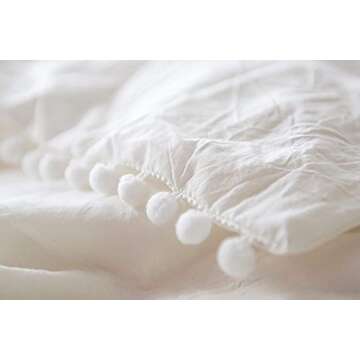 White Pom Pom Boho Duvet Cover 100% Cotton Bedding Fringed Cotton Cover Full Queen, 86“x90”