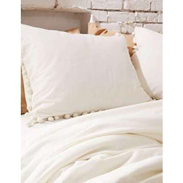 White Pom Pom Boho Duvet Cover 100% Cotton Bedding Fringed Cotton Cover Full Queen, 86“x90”