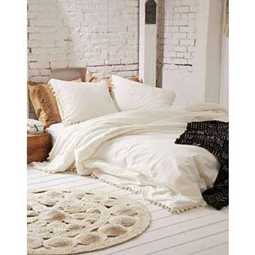 White Pom Pom Boho Duvet Cover 100% Cotton Bedding Fringed Cotton Cover Full Queen, 86“x90”