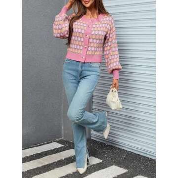 WDIRARA Women's Floral Button Down Ribbed Knit Crew Neck Cropped Cardigan Sweater Hot Pink M