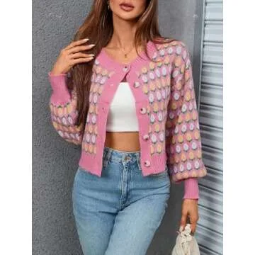 WDIRARA Women's Floral Button Down Ribbed Knit Crew Neck Cropped Cardigan Sweater Hot Pink M