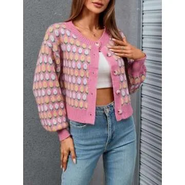 WDIRARA Women's Floral Button Down Ribbed Knit Crew Neck Cropped Cardigan Sweater Hot Pink M