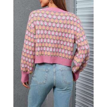 WDIRARA Women's Floral Button Down Ribbed Knit Crew Neck Cropped Cardigan Sweater Hot Pink M