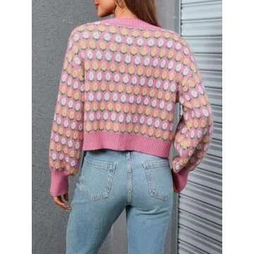 WDIRARA Women's Floral Button Down Ribbed Knit Crew Neck Cropped Cardigan Sweater Hot Pink M