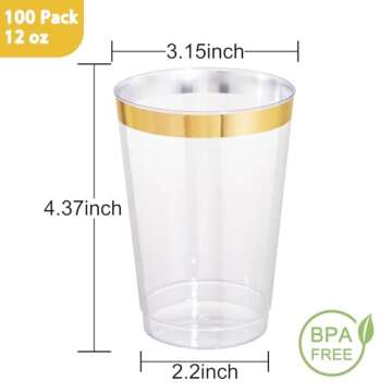 Elegant 12 oz Gold Rimmed Disposable Cups - 100 Pack for Parties