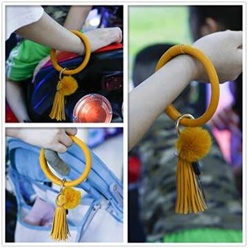 Keychain Bracelet,Key Ring Bracelet,Keychain Bangle,Wrist Bangle Key Chains for Women Girls PU Leather Tassel