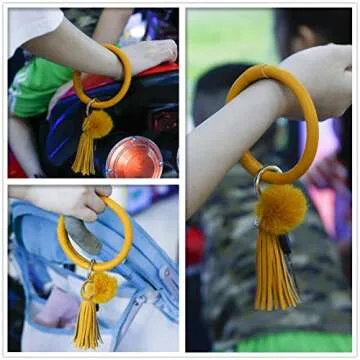 Keychain Bracelet,Key Ring Bracelet,Keychain Bangle,Wrist Bangle Key Chains for Women Girls PU Leather Tassel