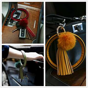 Keychain Bracelet,Key Ring Bracelet,Keychain Bangle,Wrist Bangle Key Chains for Women Girls PU Leather Tassel