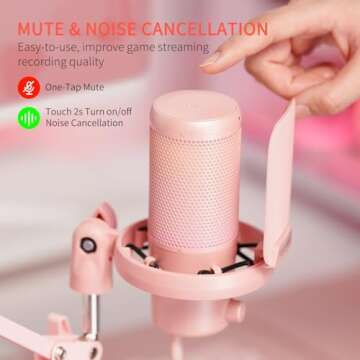 FEELWORLD VM1 Pink Gaming PC USB Microphone Condenser Mic with Noise Cancellation Mute RGB Light, Co...