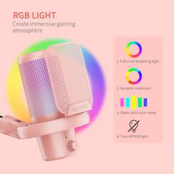 FEELWORLD VM1 Pink Gaming PC USB Microphone Condenser Mic with Noise Cancellation Mute RGB Light, Computer Accessories for Gamer YouTube Twitch Podcast Streaming Recording Online Chat PS4 PS5