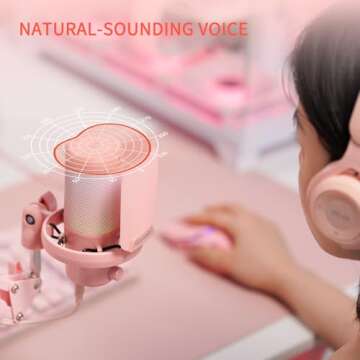 FEELWORLD VM1 Pink Gaming PC USB Microphone Condenser Mic with Noise Cancellation Mute RGB Light, Computer Accessories for Gamer YouTube Twitch Podcast Streaming Recording Online Chat PS4 PS5