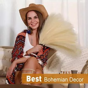 Faux Pampas Grass Short, 7-Pcs 17''/1.5FT 10 Branches, Cream Beige, Short Pampas Grass for Small Vase Table Decor, Boho Farmhouse Rustic, Gold Fluffy Faux Mini Pampas Grass, Artificial Pampas Flowers