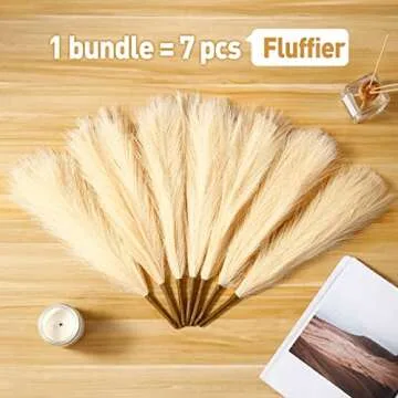Faux Pampas Grass Short, 7-Pcs 17''/1.5FT 10 Branches, Cream Beige, Short Pampas Grass for Small Vase Table Decor, Boho Farmhouse Rustic, Gold Fluffy Faux Mini Pampas Grass, Artificial Pampas Flowers
