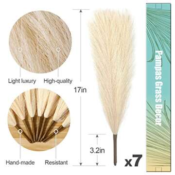 Faux Pampas Grass Short, 7-Pcs 17''/1.5FT 10 Branches, Cream Beige, Short Pampas Grass for Small Vase Table Decor, Boho Farmhouse Rustic, Gold Fluffy Faux Mini Pampas Grass, Artificial Pampas Flowers