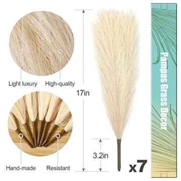 Faux Pampas Grass Short, 7-Pcs 17''/1.5FT 10 Branches, Cream Beige, Short Pampas Grass for Small Vase Table Decor, Boho Farmhouse Rustic, Gold Fluffy Faux Mini Pampas Grass, Artificial Pampas Flowers
