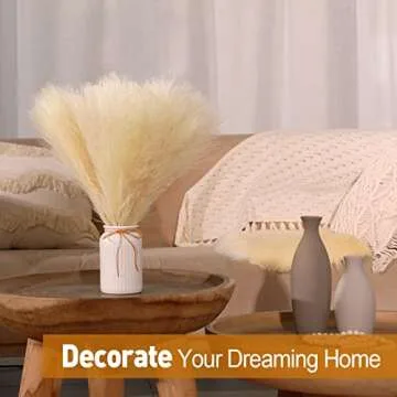 Faux Pampas Grass Short, 7-Pcs 17''/1.5FT 10 Branches, Cream Beige, Short Pampas Grass for Small Vase Table Decor, Boho Farmhouse Rustic, Gold Fluffy Faux Mini Pampas Grass, Artificial Pampas Flowers