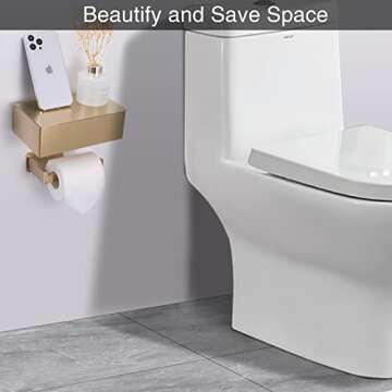 YRONG Adhesive Toilet Paper Holder with Shelf and Storage, Wall Mount Toilet Paper Roll Holder & Flushable Wipes Dispenser Set Fits Any Bathroom, Stainless Steel Tissue Holder-Square, Gold